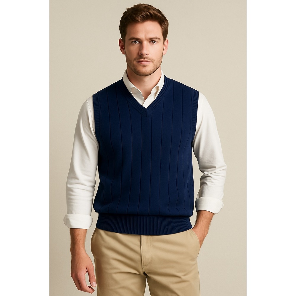 Vintage Faconnable Mens L Navy Blue V Neck Rib Knit Sweater Vest‎ 100% Cotton